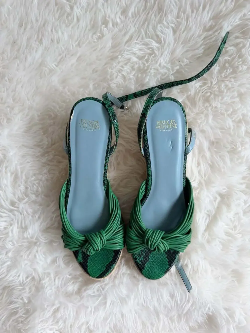 Frances Valentine Green Snakeskin Knotted Espadrille Wedge Sandals
